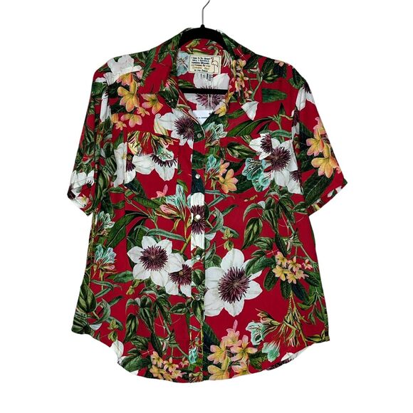 Sandrine Rose Hawaiian Pearl Snap Floral Shirt Red S/S Women Small NWT Made USA - Picture 1 of 10